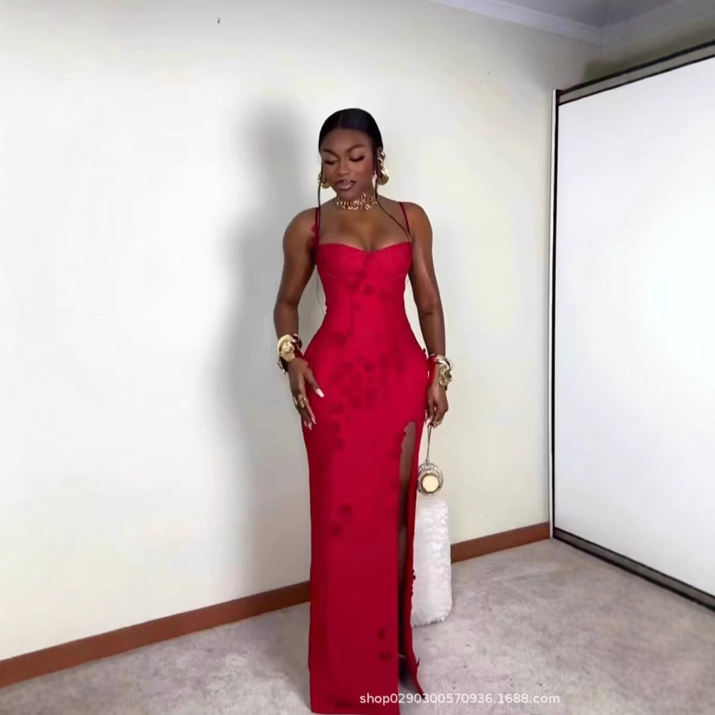 SDM112 autumn and winter European and American new suspender three-dimensional flower slit long dress party dress wholesale Dress