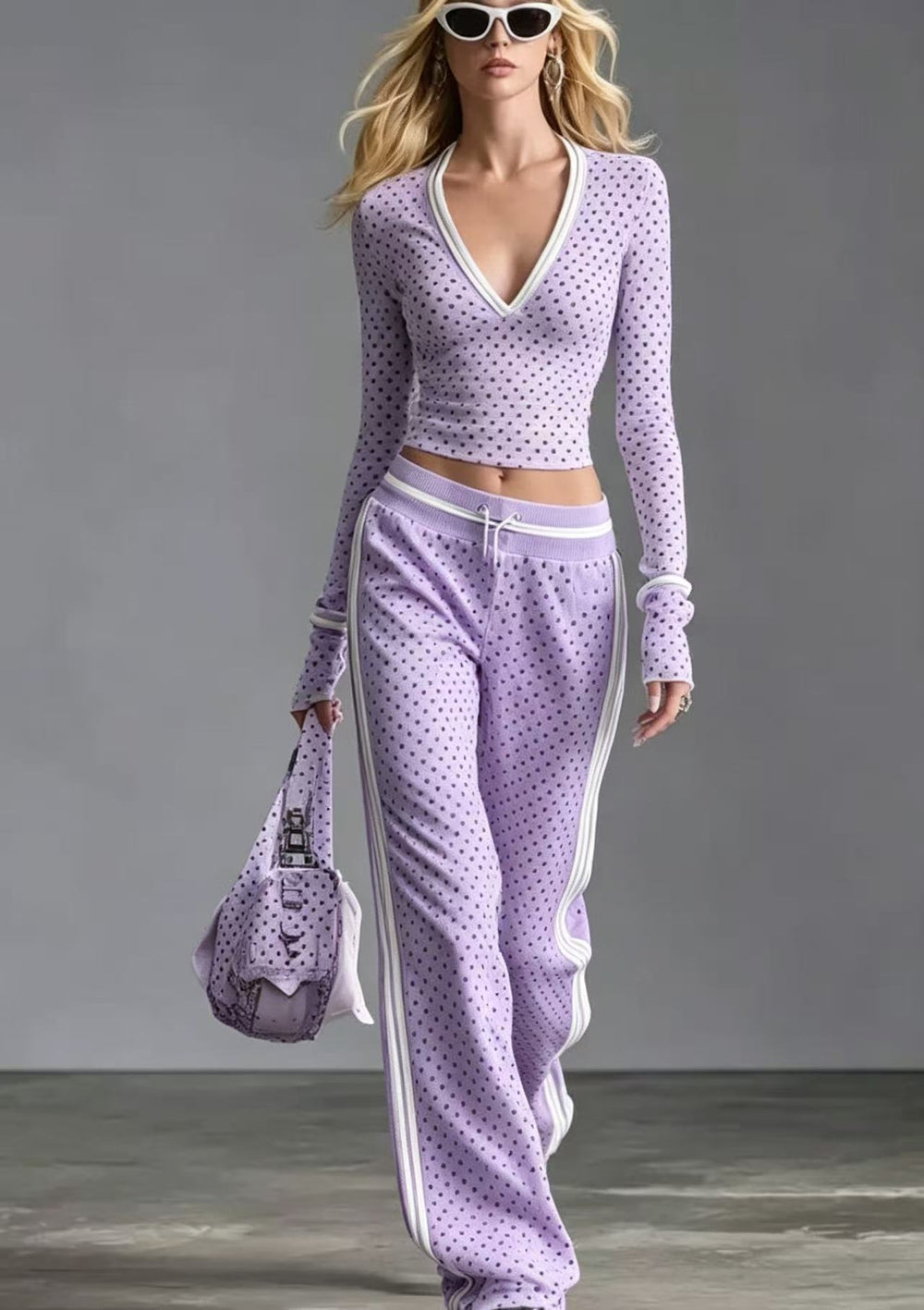 spring new arrival cross-border independent station  fashion v neck polka dot pants long sleeves sportswear suit