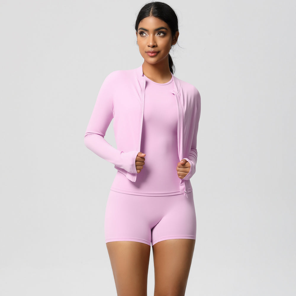 European and american nude feel cardigan jacket, crew neck short sleeve t-shirt, casual yoga set, running sports fitness three-piece outfit