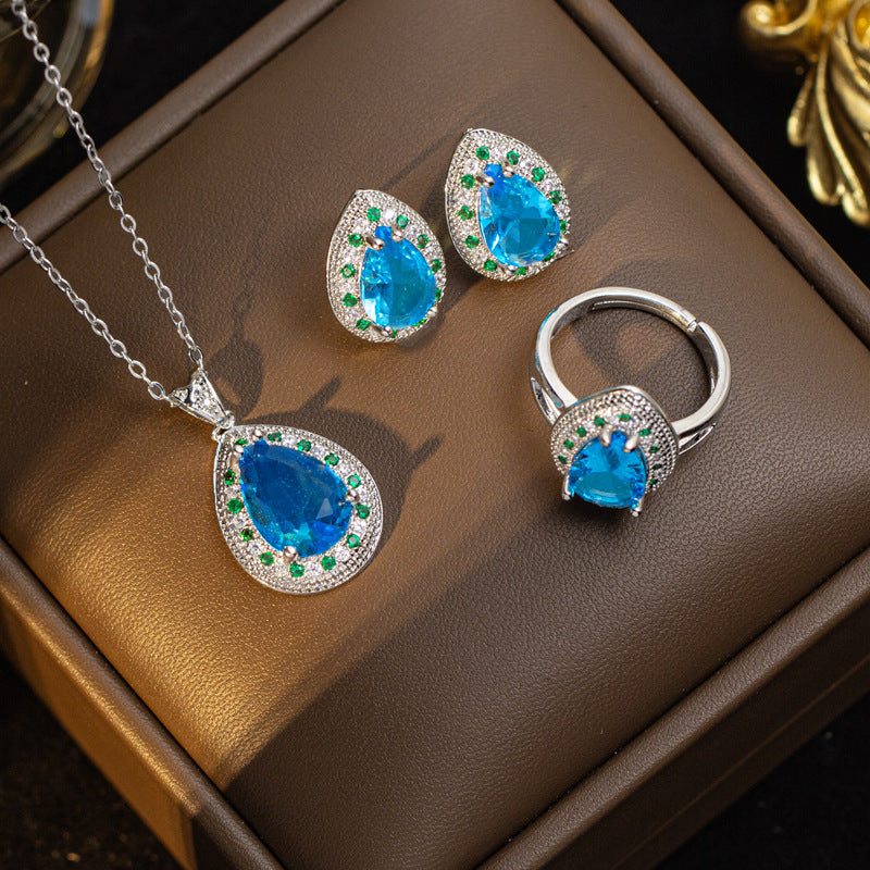 【titanium steel】new blue zircon teardrop luxury necklace and earring set, micro-paved personalized elegant stud earrings and necklace jewelry