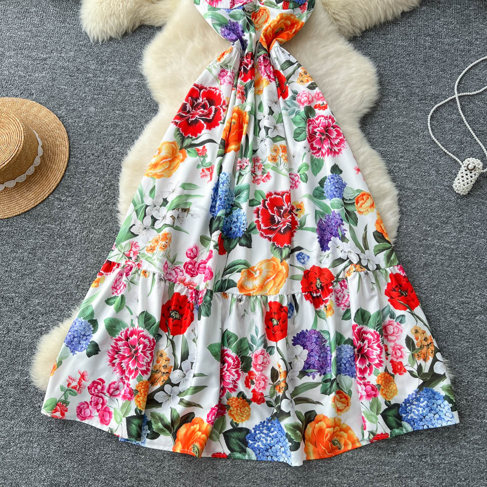 Vintage court style printed slip dress - women's summer cinched waist slim fit high-end elegant socialite maxi dress