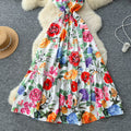Vintage court style printed slip dress - women's summer cinched waist slim fit high-end elegant socialite maxi dress
