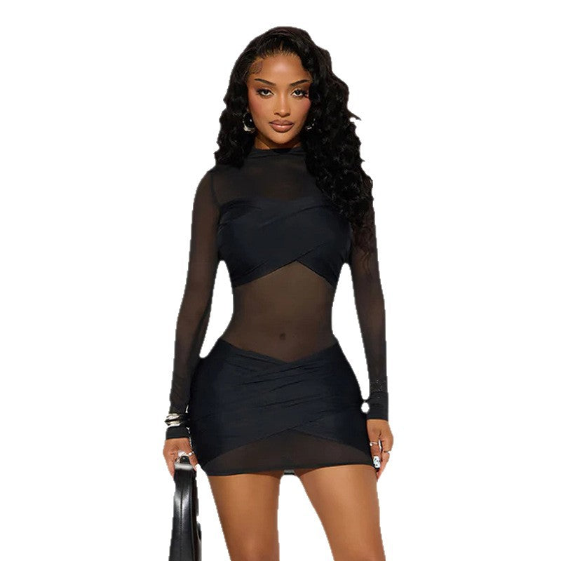 Exportfashion style women's clothing fall and winternew arrivalpure colorsexy round neck long sleeves mesh patchwork see-through shortdress