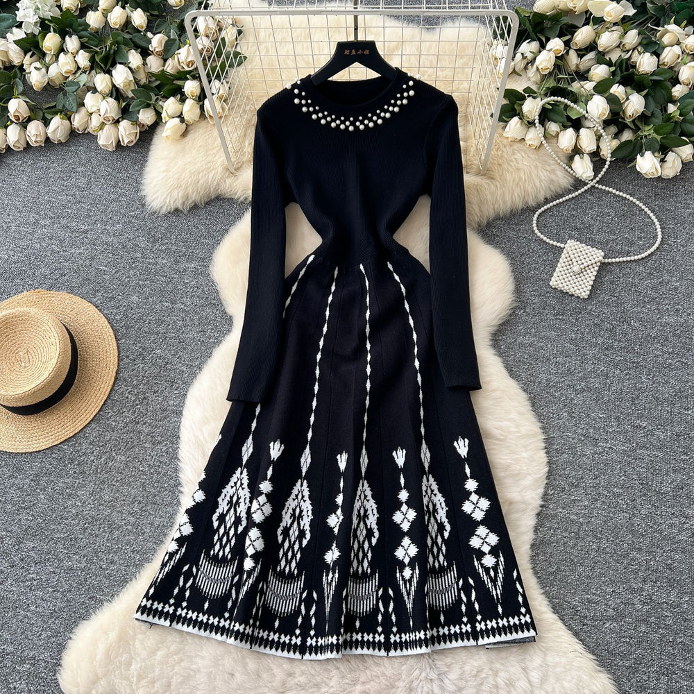 Classy lady heavy industry beading round neck long sleevesdress women  fall and winter waist inner sweater skirt long skirt