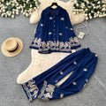 Vintage court style embroidered print elegant two-piece set - women's autumn polo collar slim fit wide leg pants - executive lady outfit