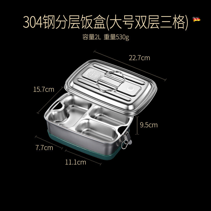 304 stainless steel heatable lunch box, kitchen sealed refrigerator storage crisper, silicone double-layer grid bento box