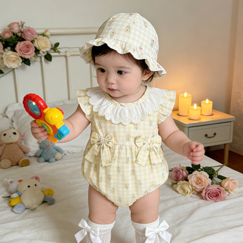 Newborn baby summer clothes - lightweight, pastoral style girl's romper - summer full month celebration bow princess bodysuit