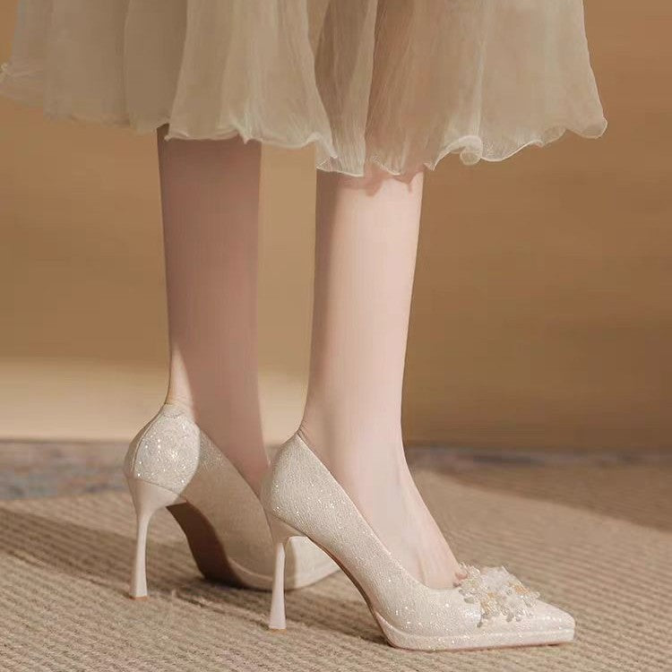 French crystal sequin wedding shoes high heels 2025 new pointed toe platform wedding shoes bridal stiletto pumps