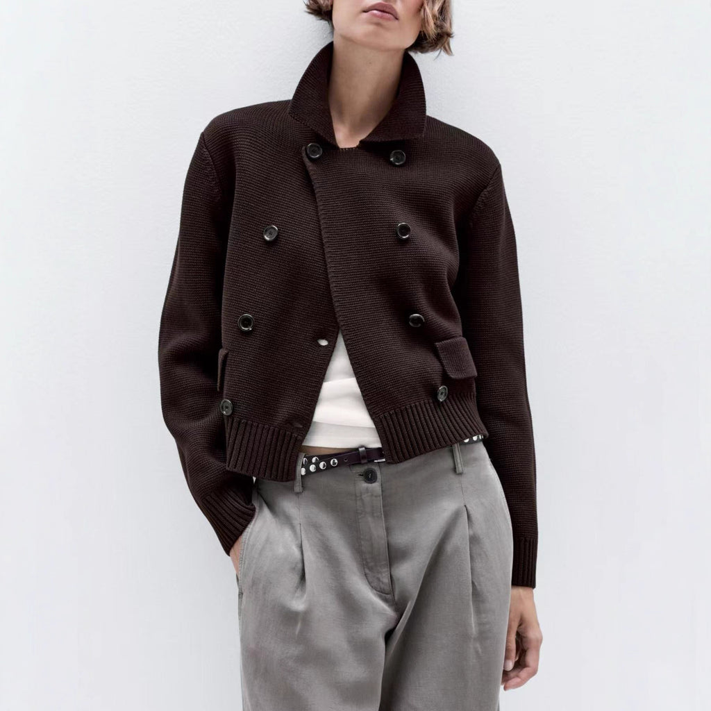 Cross-border Europe, America and the United States in the autumn and winter of 2025 new women's clothing fashion British style lapel collar double-breasted knitted cardigan jacket women