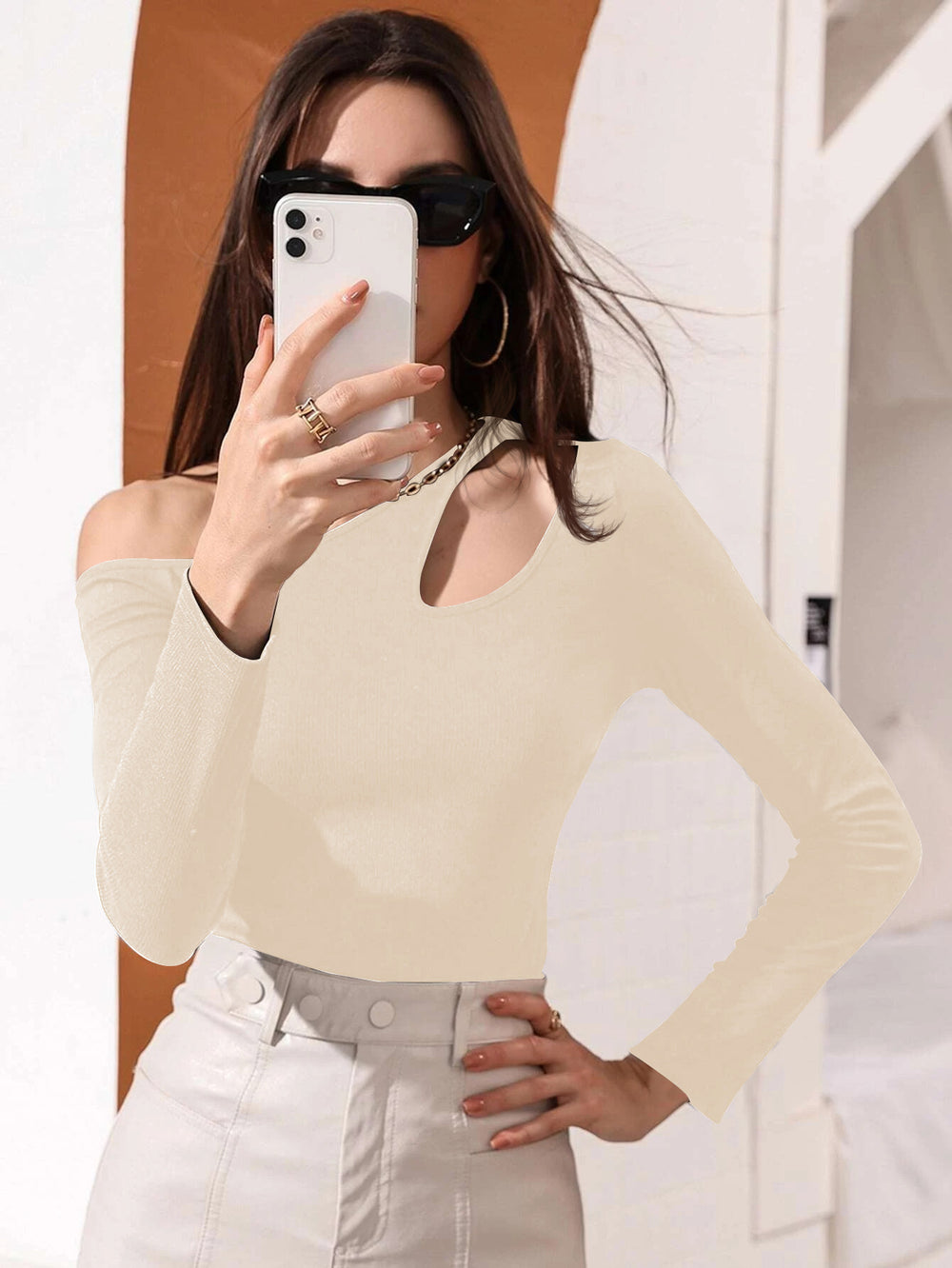 European and american women's clothing  fall/winter new arrivals: sexy cutout, slim-fit, casual long-sleeve women's t-shirt top -  in-stock
