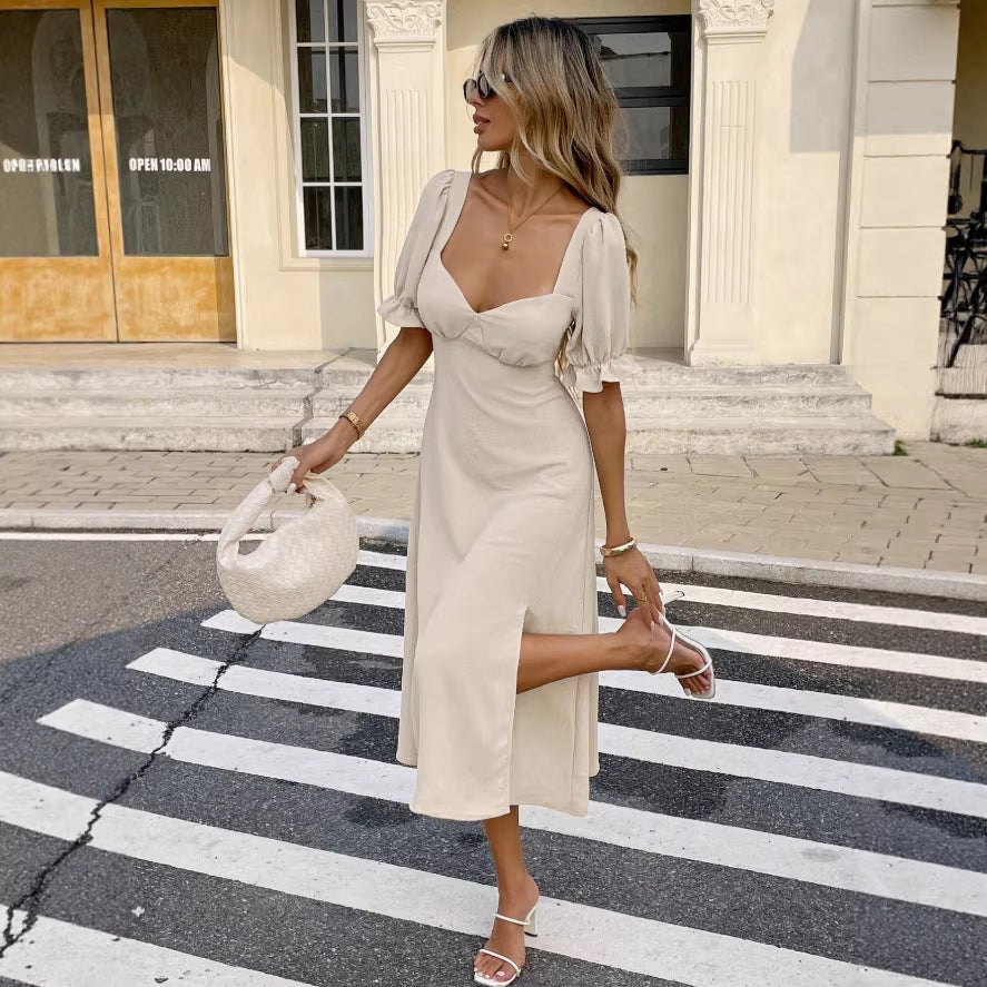.  foreign trade european and american style off-the-shoulder elegant maxi dress with puff short sleeves and one-shoulder tie-up detail