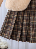new summer cross-border fashion girls' fuzzy vest + knitted top + plaid skirt three-piece set