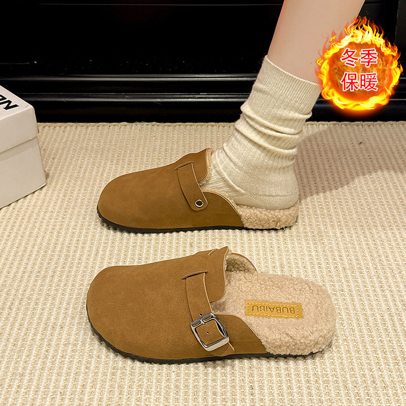 New arrival shows feet small birkenstock fleece-lined lazy half slippers for women winterthick soleoutwear birkenstock furry cotton slippers