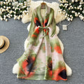 Fashion style large version dress women's fashion styleeasiest for match lapel waist strap mid-length pleated printingoutwear