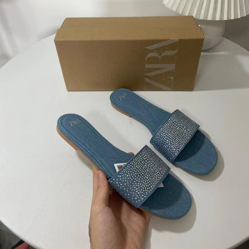 Za summer new 2024 women's shoes blue denim thong sandals with rhinestone embellishments, square toe, open toe, flat heel