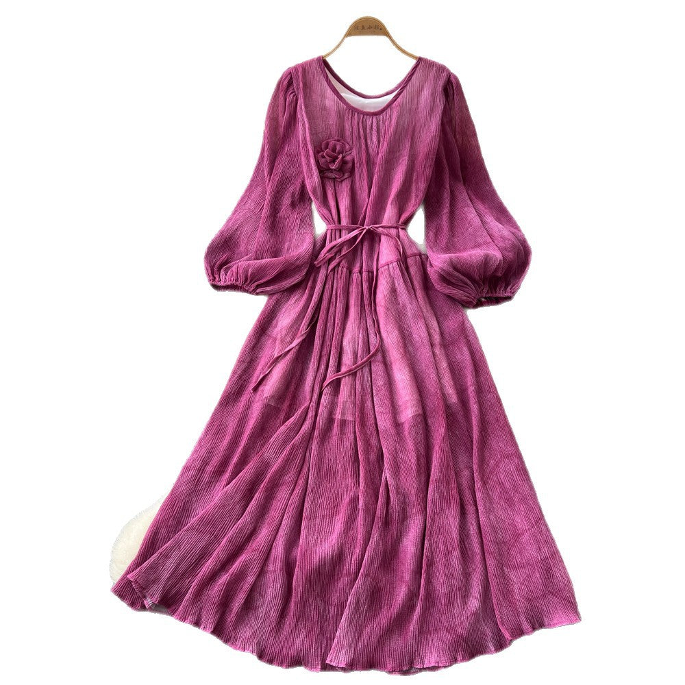 French chic lantern sleeve v-neck dress - women's summer korean style tie-waist slimming a-line maxi dress - elegant