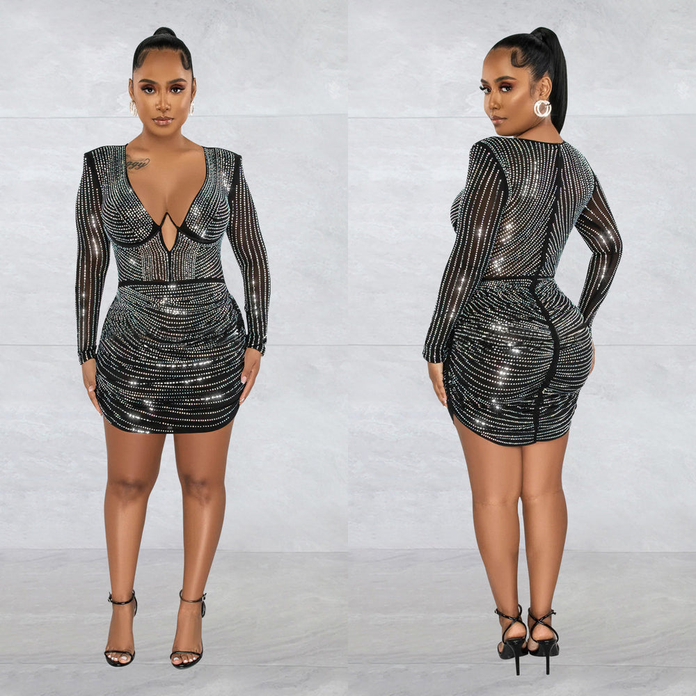 C6376 cross-border   fashion women's solid color mesh rhinestone temperament mini dress