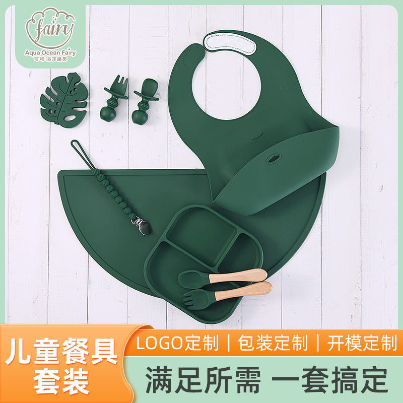 Children's silicone plate set 11-piece set, suction cup non-slip bowl and spoon set, baby food supplement integrated feeding tableware