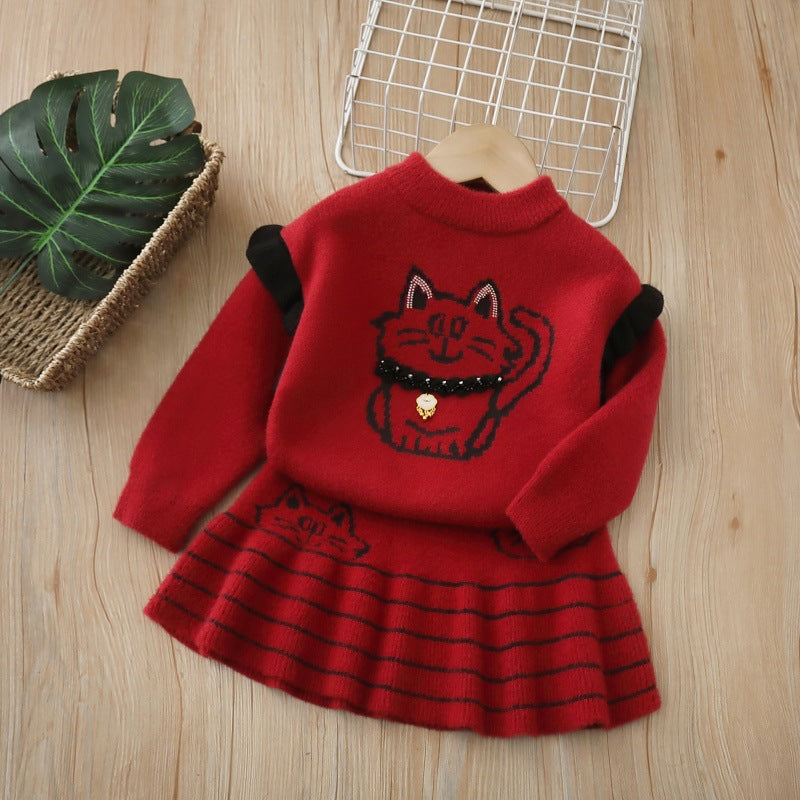 Girls' cardigan two-piece set - new  autumn pullover style - girls' preppy skirt set - children's sweater outfit