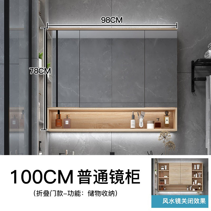 Paint-free solid wood bathroom intelligent hidden folding feng shui mirror cabinet with separate lamp storage rack manufacturer supply