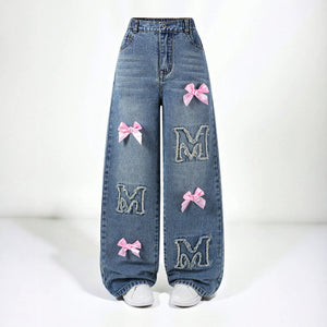 girls' spring/autumn denim pants: new styles for mid-to-large children, loose-fit casual straight-leg trousers, stylish and versatile wide-leg pants for kids