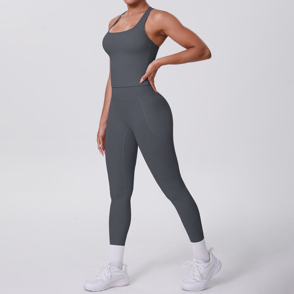 fashion brushed pure color tight racerbackflap pocket pants sports suit running fitness yoga clothes two-piece set