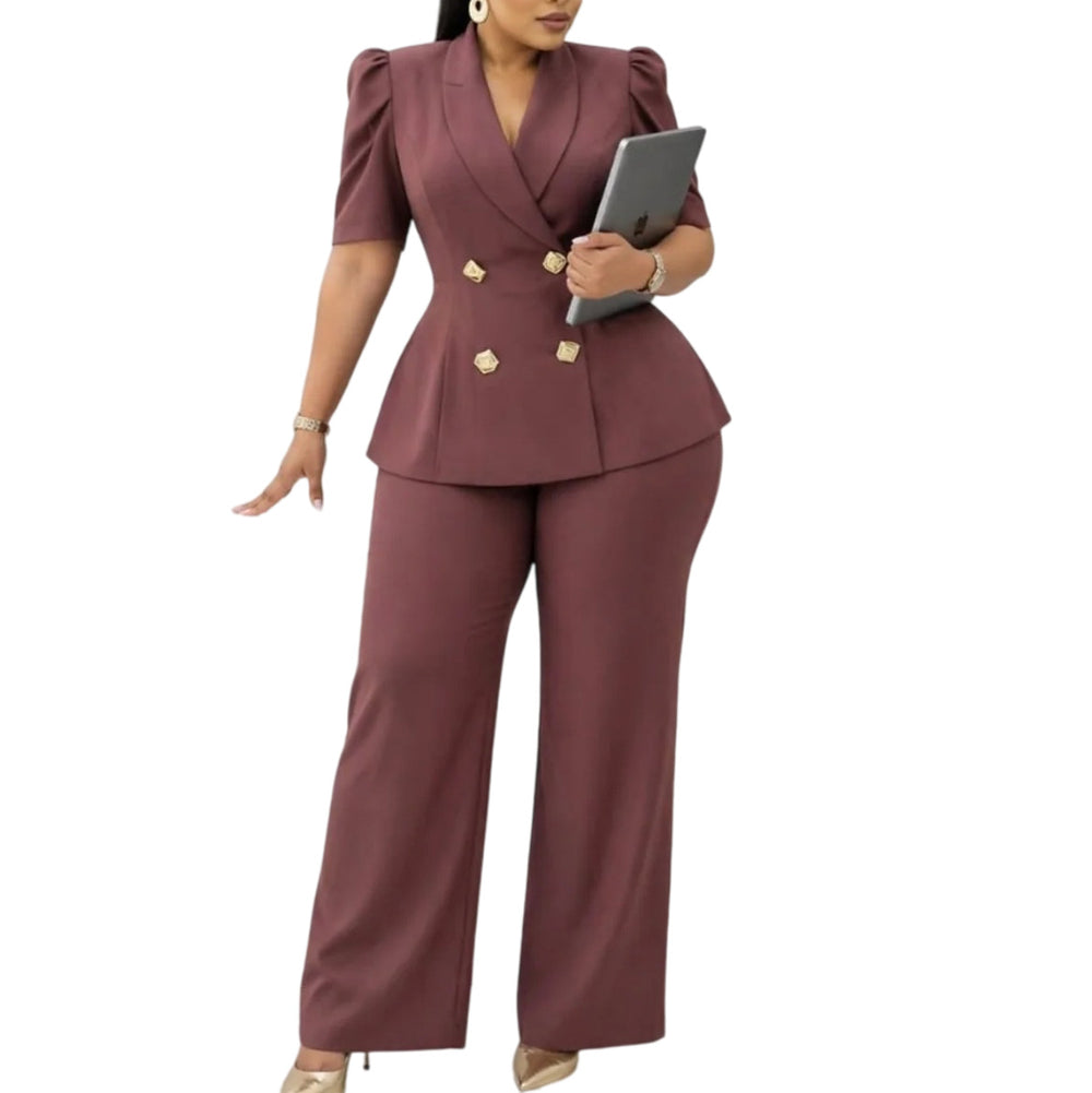D634exportfashion cross-border  new short-sleeved lapel double-breasted tops high waistloose pantsexportsuit