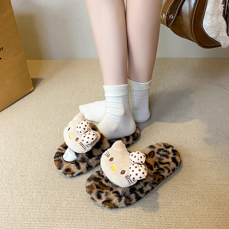 Cream style cute bowskt cat fur slippers women's new autumn winterthick solefleece-lined one-line leopard print cotton slippers