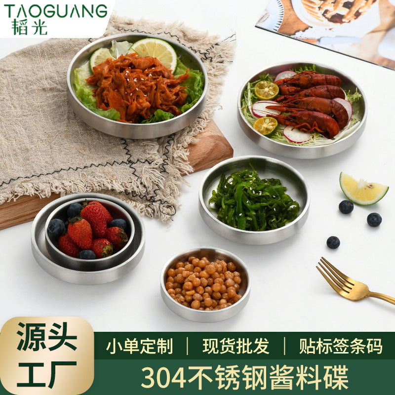 304 korean style double-layer stainless steel sauce dish, round barbecue plate, snack dish, korean bbq dipping dish for home use
