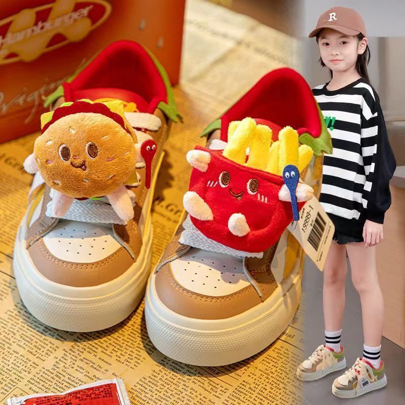 Girls' spring/autumn white sneakers  - chunky, cute, three-color patchwork, hamburger shoes, niche kids' bread shoes, athletic shoes
