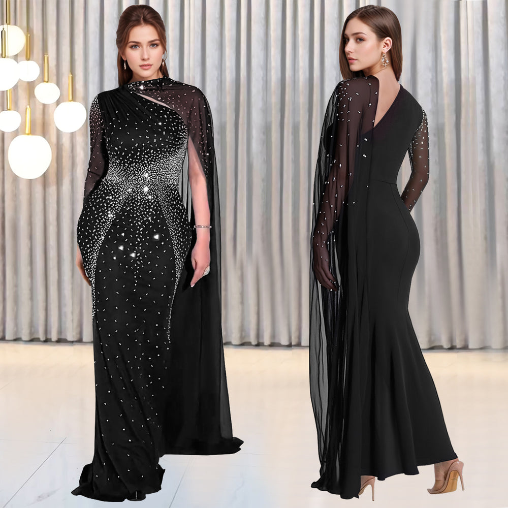 C7397 cross-border   fashion women's elegant bodycon sexy mesh rhinestone dress