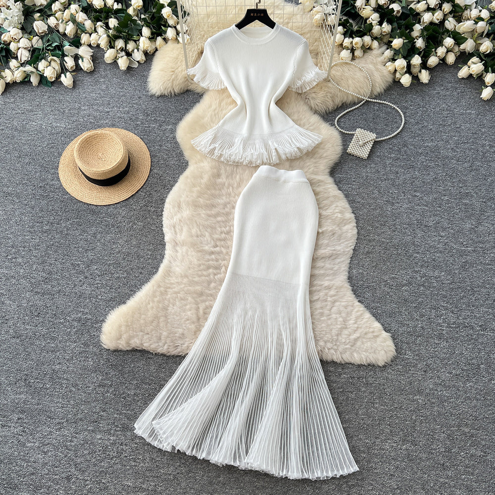 Lightly mature elegance style knittingpatchworkruffles short-sleeved topstwo-piece set women's summer silmwork clothingelegantsuit