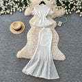 Lightly mature elegance style knittingpatchworkruffles short-sleeved topstwo-piece set women's summer silmwork clothingelegantsuit