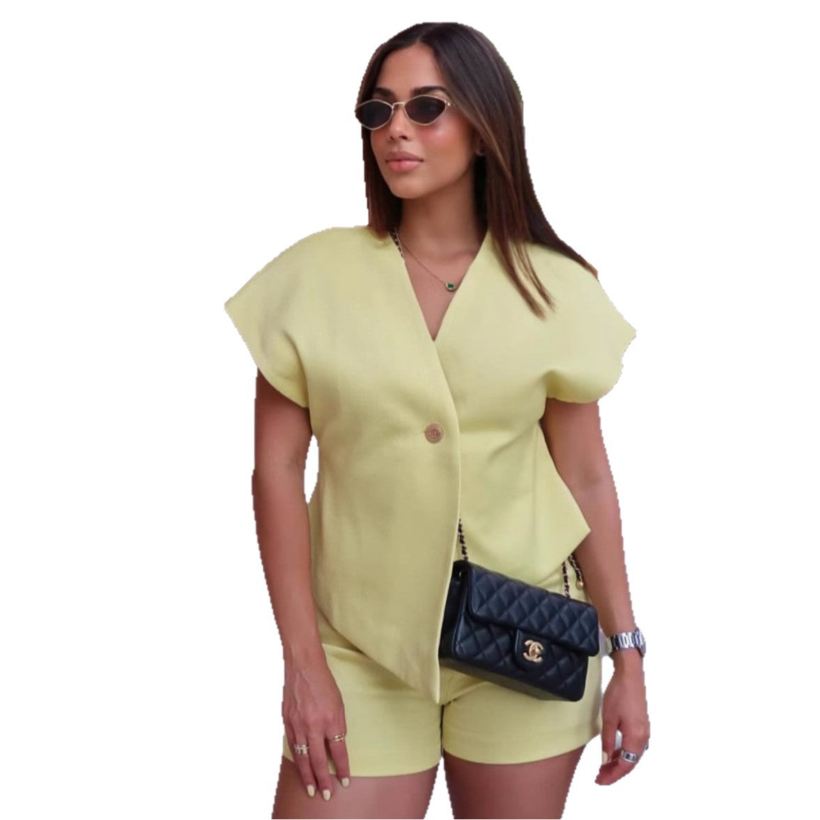 Cross-border European and American solid color one-button cardigan, top, casual shorts set,  women's clothing temperament fashion two-piece set