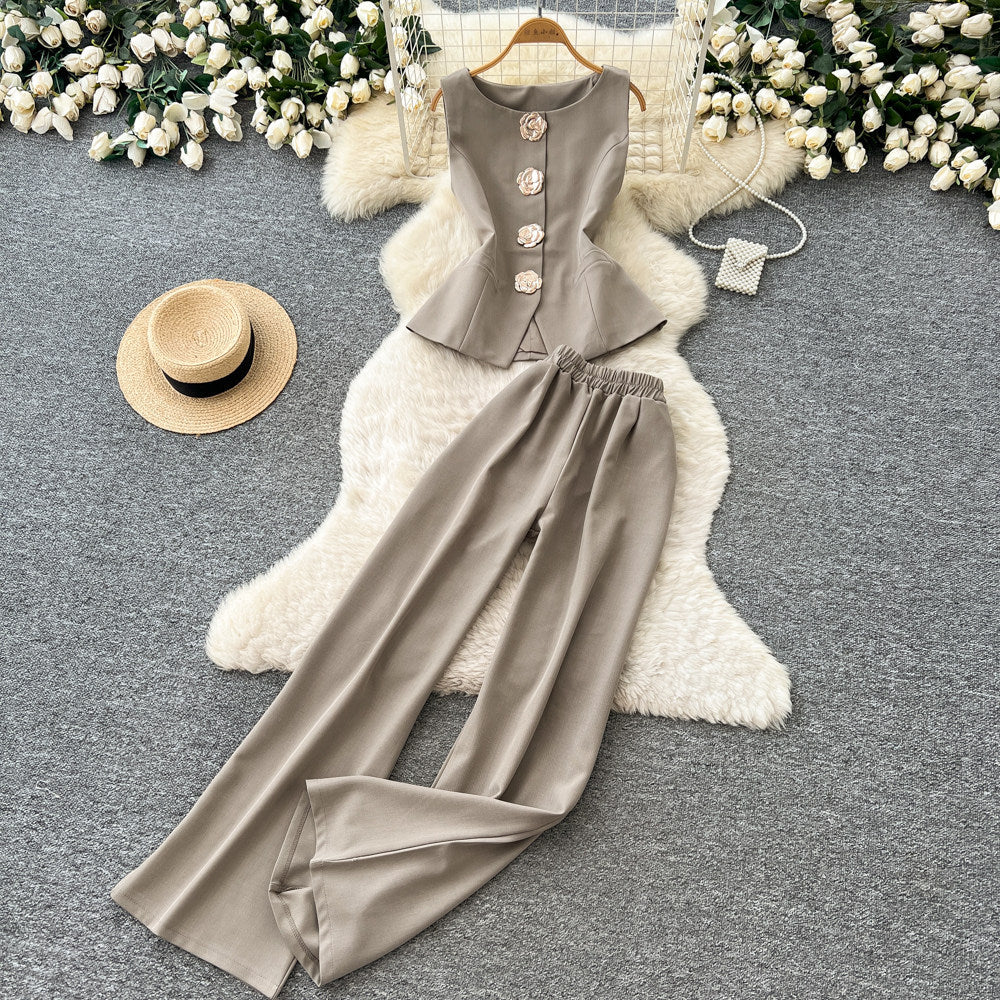 European and american cross-border fashion design: 3d floral patchwork tank top + high-waisted slimming wide-leg pants spring/summer set