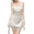 European and american  spring new women's high-end elegant sweet & sultry ribbon-trimmed jacquard cami dress
