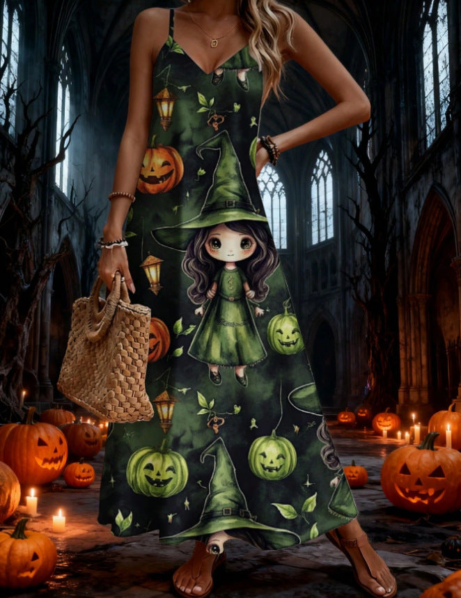 halloween pattern printing longdressv neckloose vacation suspender skirt