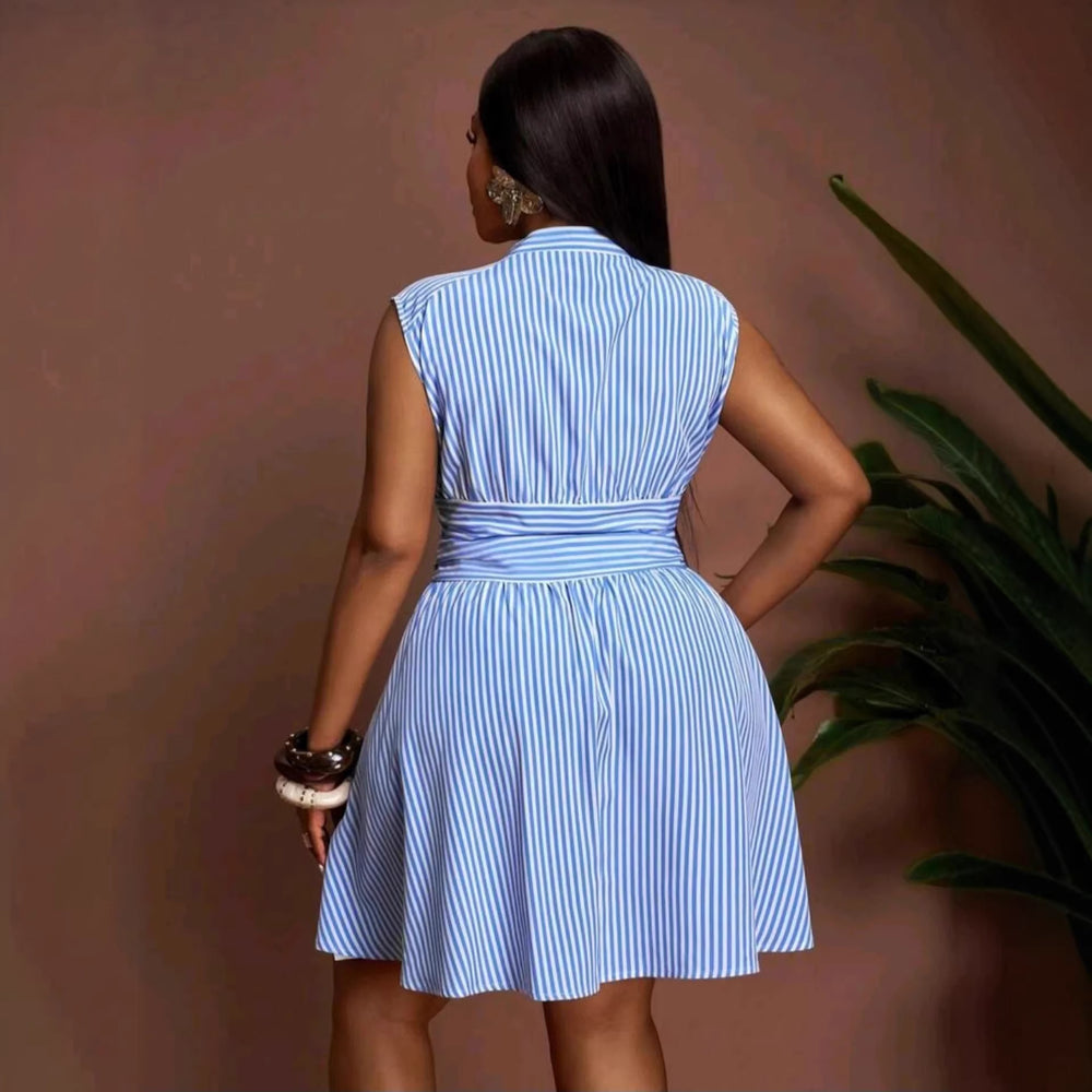 European and american cross-border women's clothing:  summer new arrival - elegant casual blue striped ruched single-breasted a-line dress