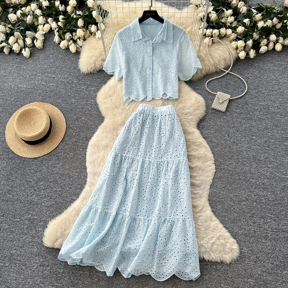 Vacation style pink cut outlacetwo-piece set women's summer short-sleeved intellectual high waistslimming lookwork clothingelegantsuit