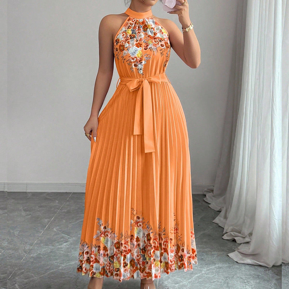 European and american cross-border women's summer  elegant halter neck tie waist floral print pleated maxi swing dress