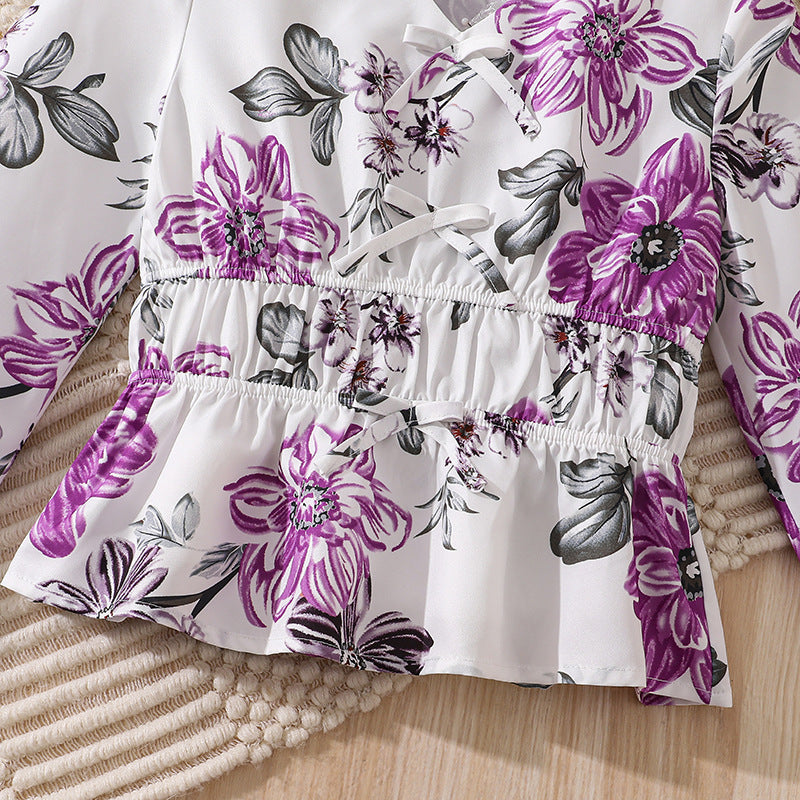 Girls' foreign trade outfit, autumn  new cross-border fashion: printed v-neck flare sleeve fitted top and wide-leg pants