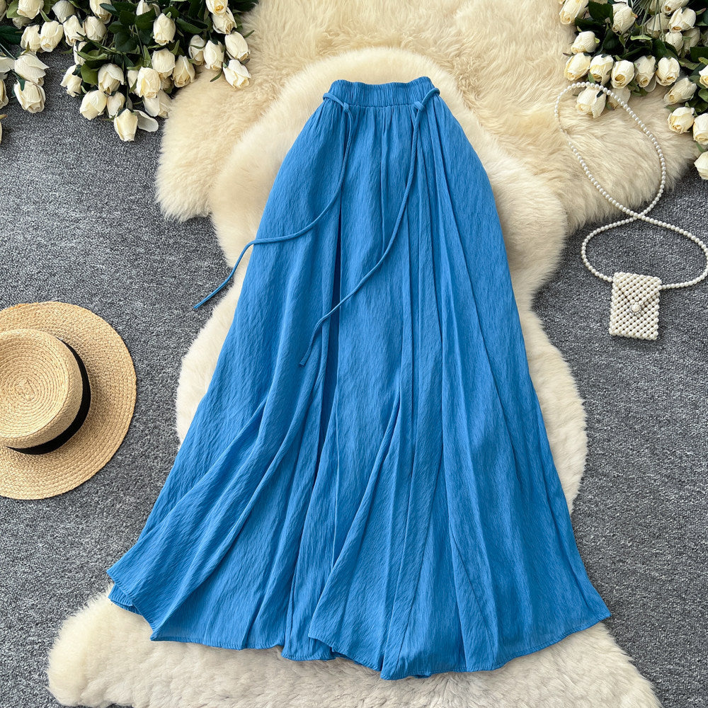 K-style high waist lazy style pleated a-line skirt for women spring and summer large swingeasiest for matchelegant gentle long skirt