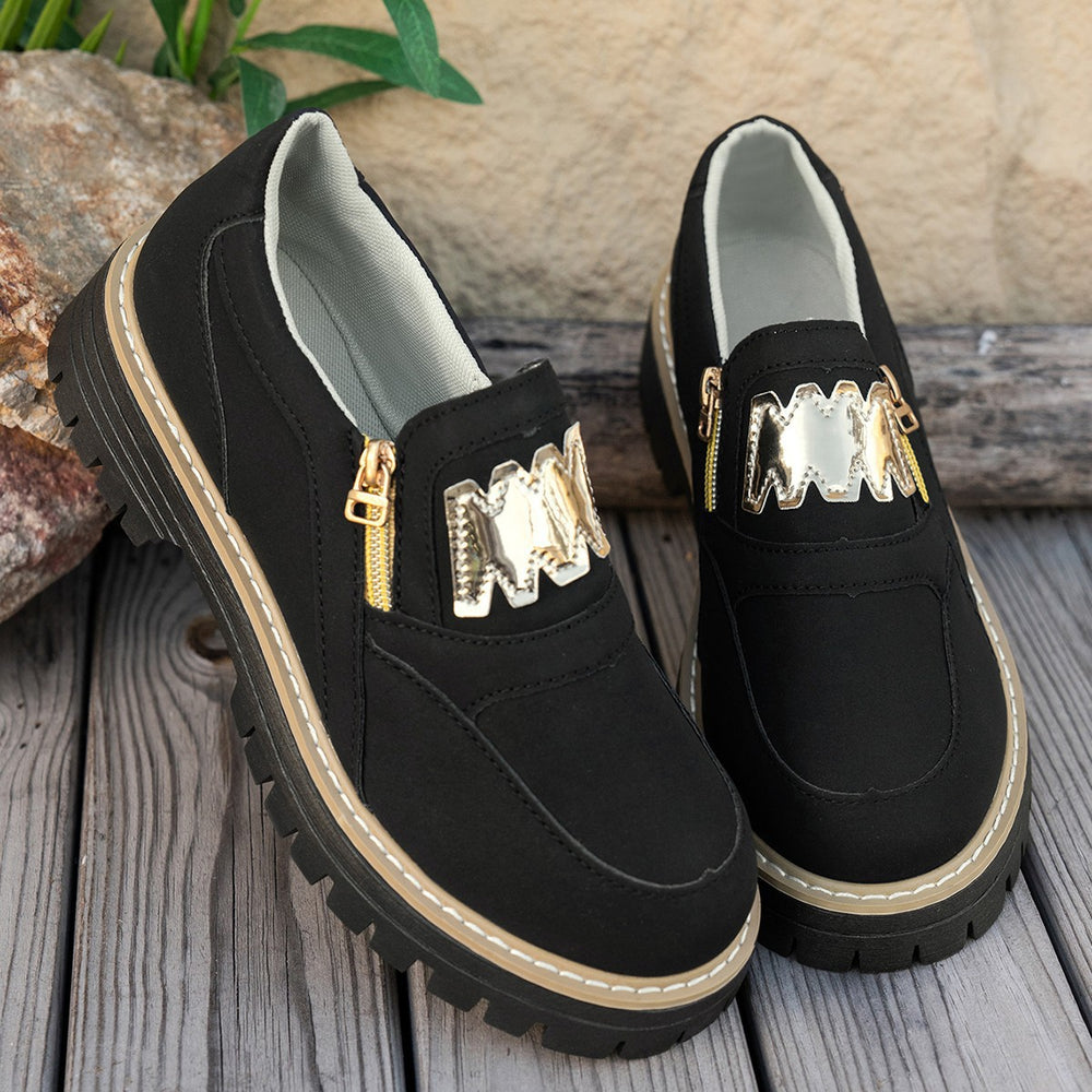 New arrival: women's chunky low-top loafers with side zipper – plus size, british style, slip-on flats – perfect for cross-border e-commerce,  supplier