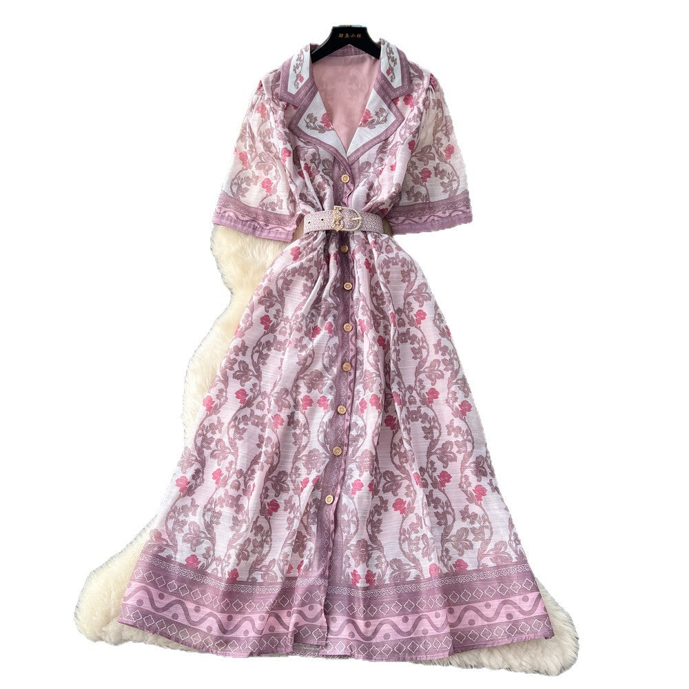 Frenchromantic style printingsense of designdressfemaleniche stylesummer suit collar waist slimming lookelegant long skirt