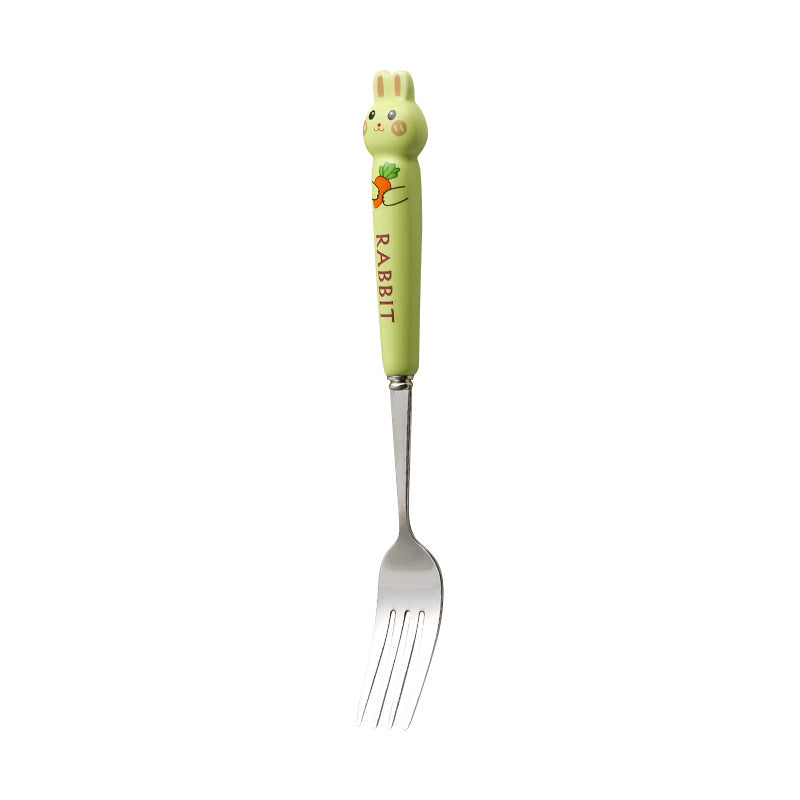 Cartoon stainless steel cutlery set: cute kids' forks with stylish ceramic handles, exquisite dessert spoons, and serving spoons