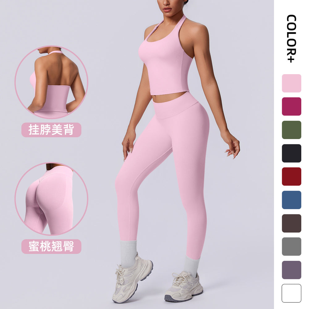 New arrival cross-border seamless pure color halter back tight-fitting suit sports running fitness yoga clothes two-piece set