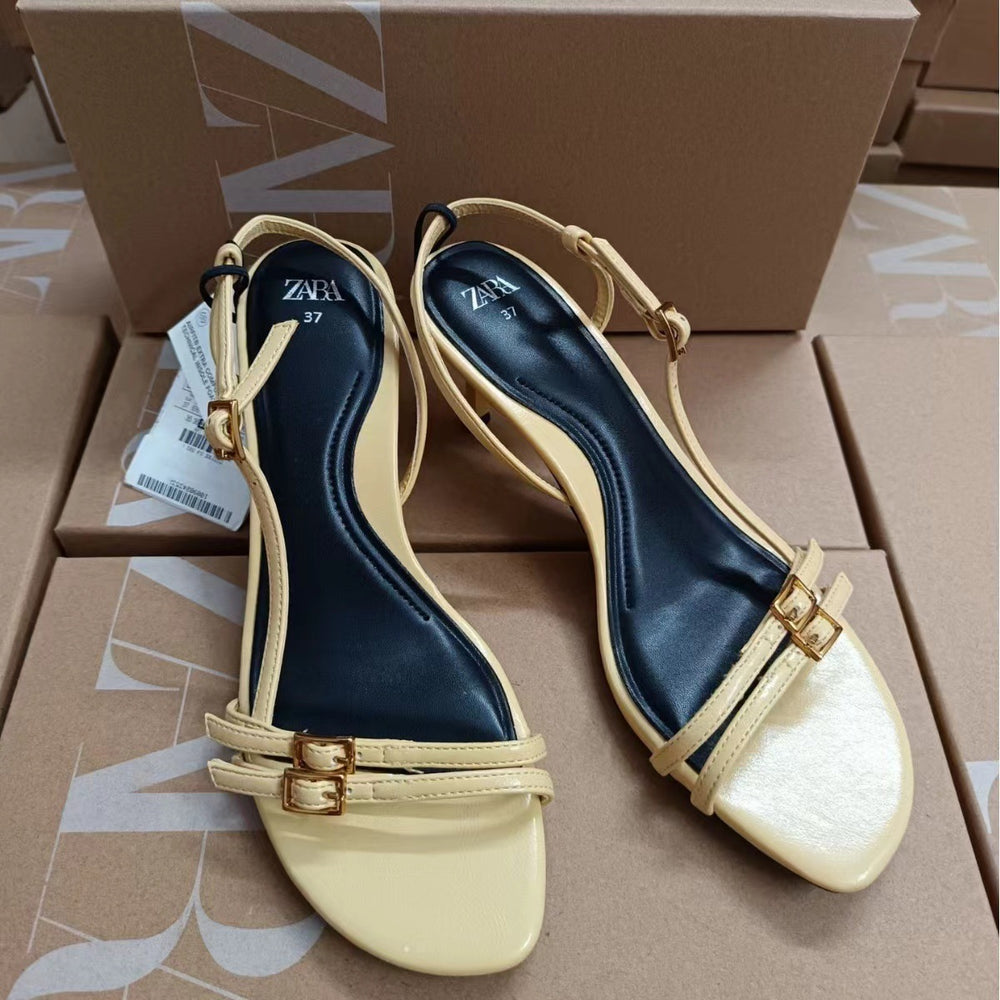 Za women's shoes: 2024 summer new arrivals - stylish and elegant yellow buckle open-toe stiletto heel sandals for women