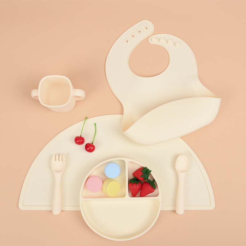 Children's food-grade silicone tableware set, baby separation plate, saliva pocket, complementary food bowl, six-piece tableware set