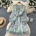 French print midi dress - women's summer long sleeve slim fit a-line dress - workwear, elegant, vacation style