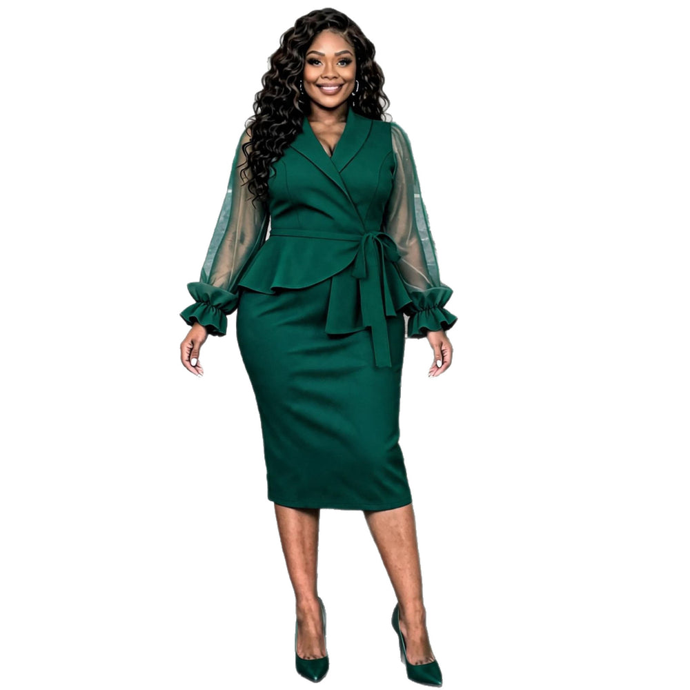 Autumn new arrival: professional style commute long sleeve bodycon dress with ruffle mesh sleeves